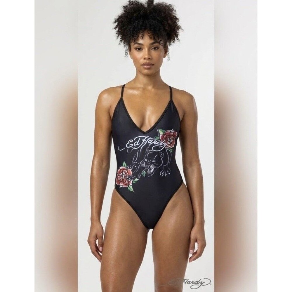 NWT Ed Hardy Swimsuit Panther & Petal One Piece Tank Rhinestones Rose Tattoos L